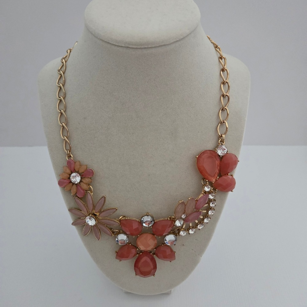 Statement Necklace Coral Pink Floral Rhinestone Bib Gold Tone Large adjustable